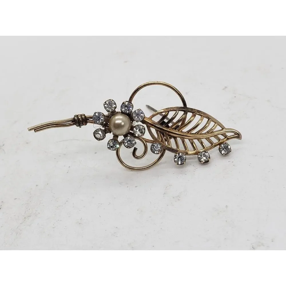 Vintage Van Dell 1/20 12K GF Gold Filled Rhinestone Pearl Leaf Floral Brooch Pin